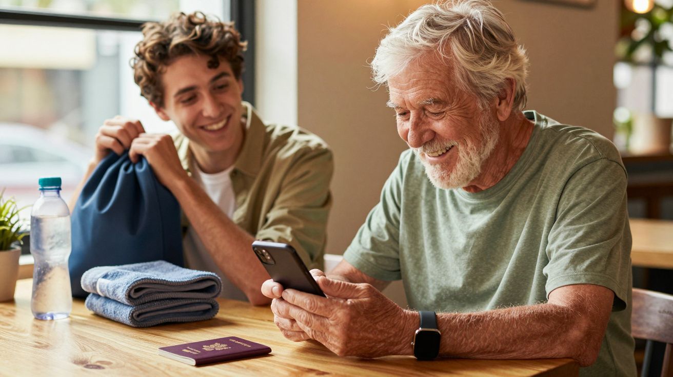 Homem idoso sorrindo para o telemóvel, com jovem ao lado, numa mesa com toalhas, garrafa de água e passaporte.