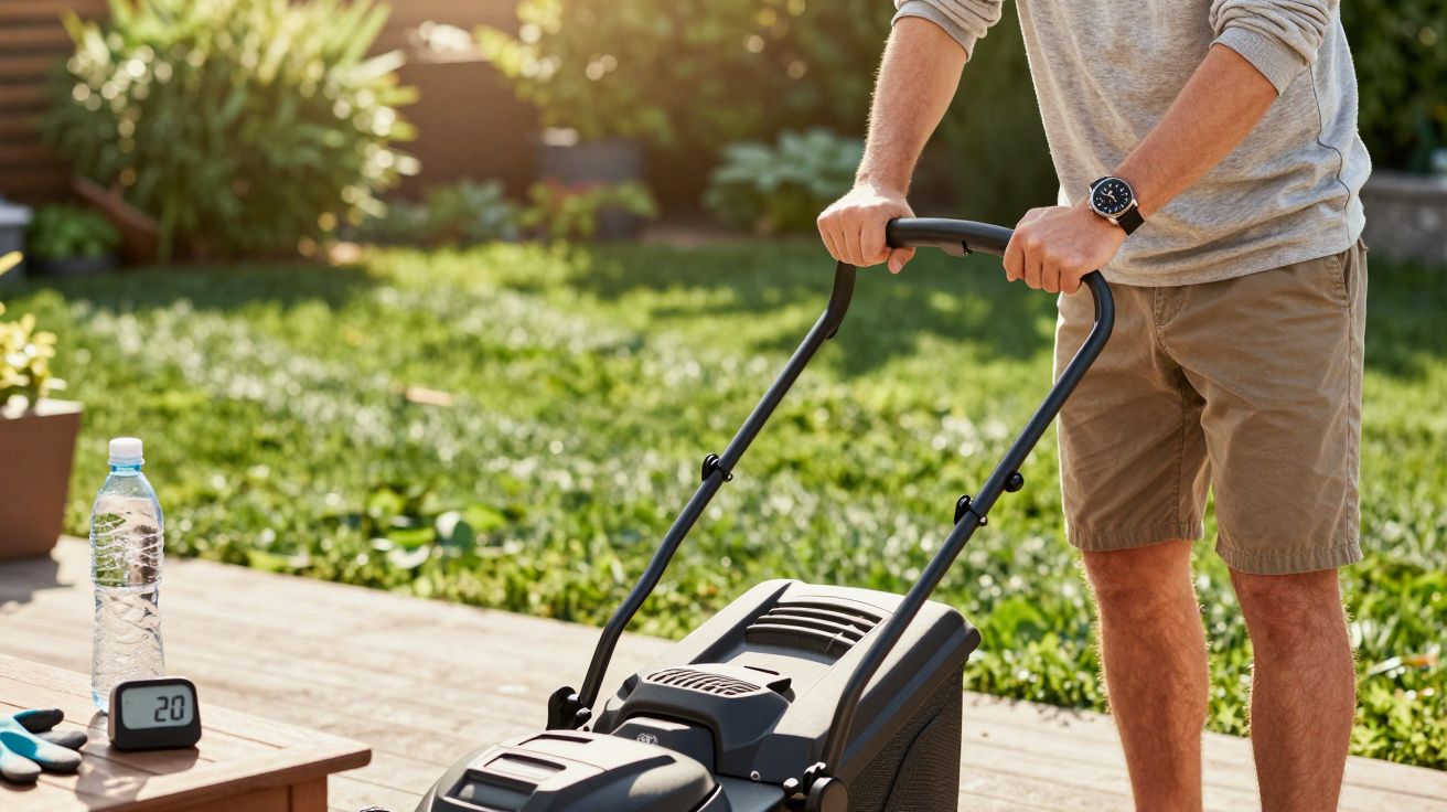 Homem cortando relva com corta-relamas elétrico num jardim ensolarado; garrafa de água e relógio na mesa.