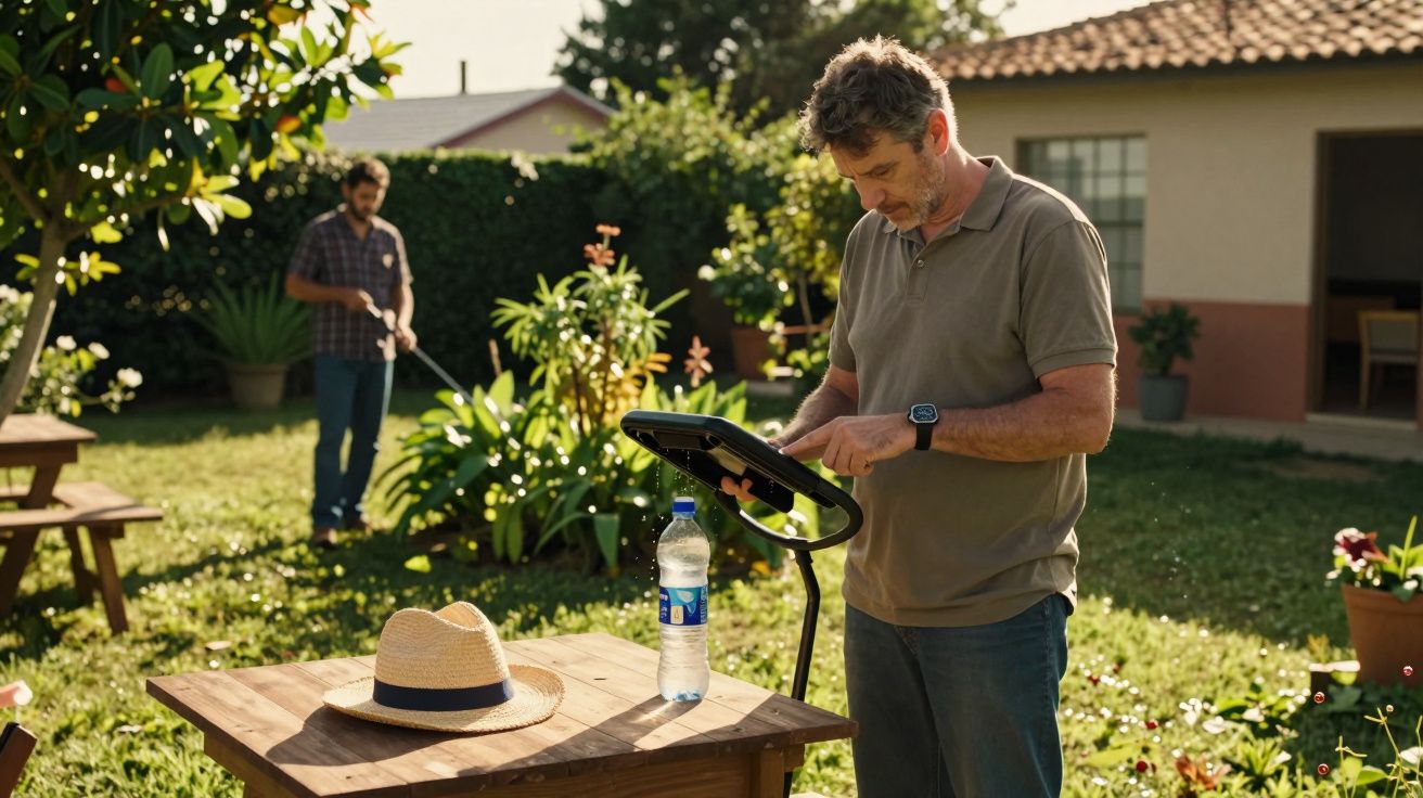 Homem verificando tablet em jardim enquanto outro rega plantas ao fundo.