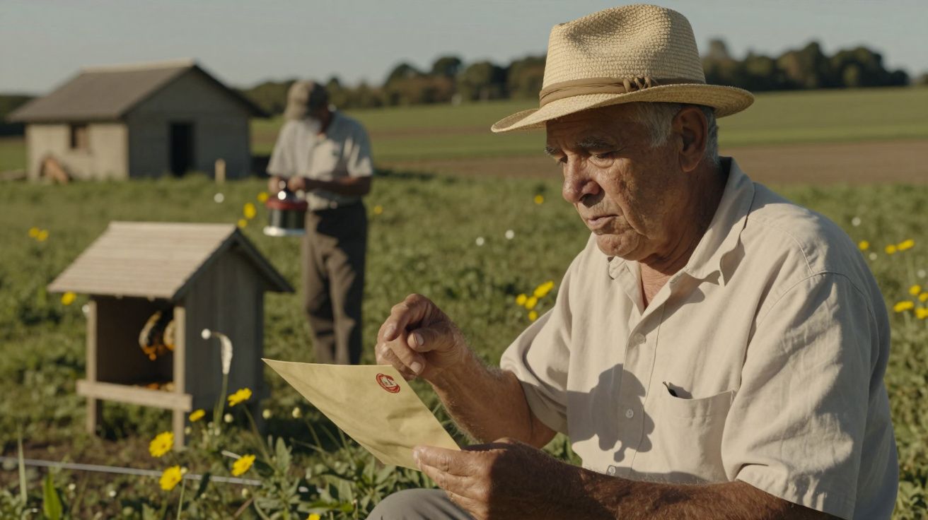 Homem idoso de chapéu lê carta num campo, com colmeia e cabana ao fundo. Outro homem trabalha ao longe.
