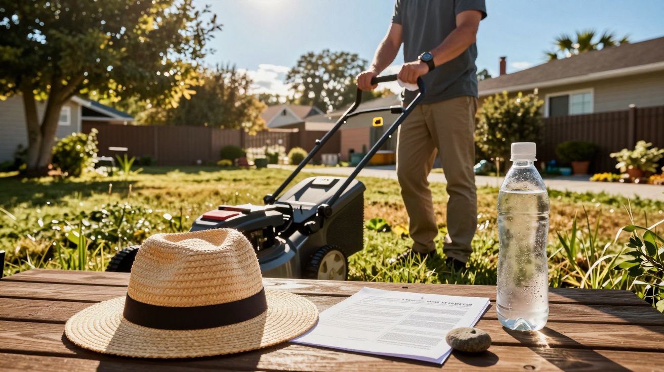 Pessoa a cortar relva no jardim, com chapéu e garrafa de água na mesa.