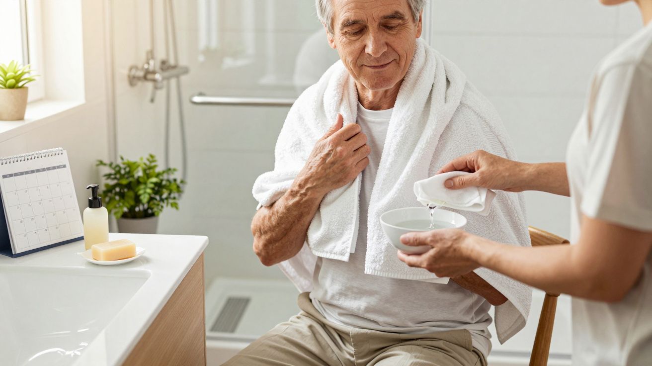 Idoso sentado no banheiro com toalha nos ombros, enquanto pessoa prepara bacia com água.