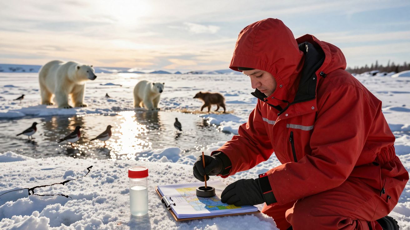 Investigador de casaco vermelho analisa amostra na neve, com ursos polares e aves ao fundo, perto de lago congelado.