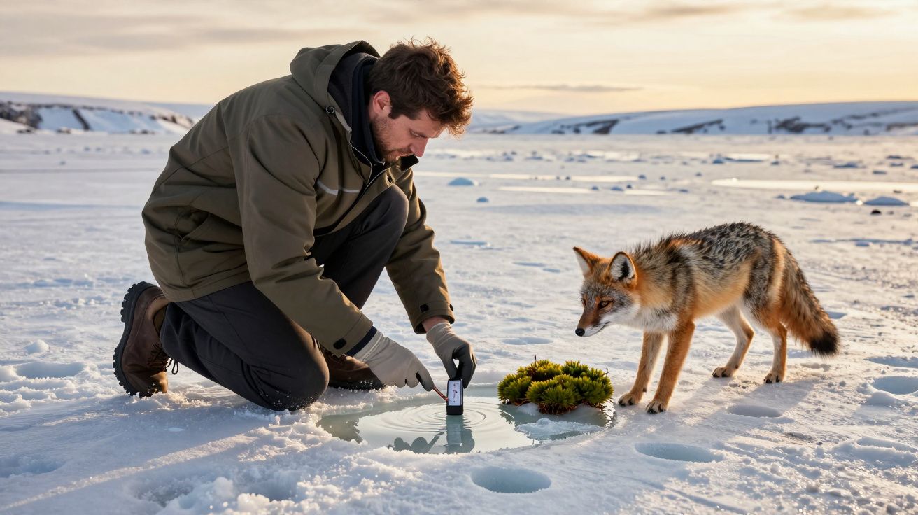 Homem estuda poça de água no gelo ao lado de uma raposa curiosa, durante o pôr do sol no Ártico.
