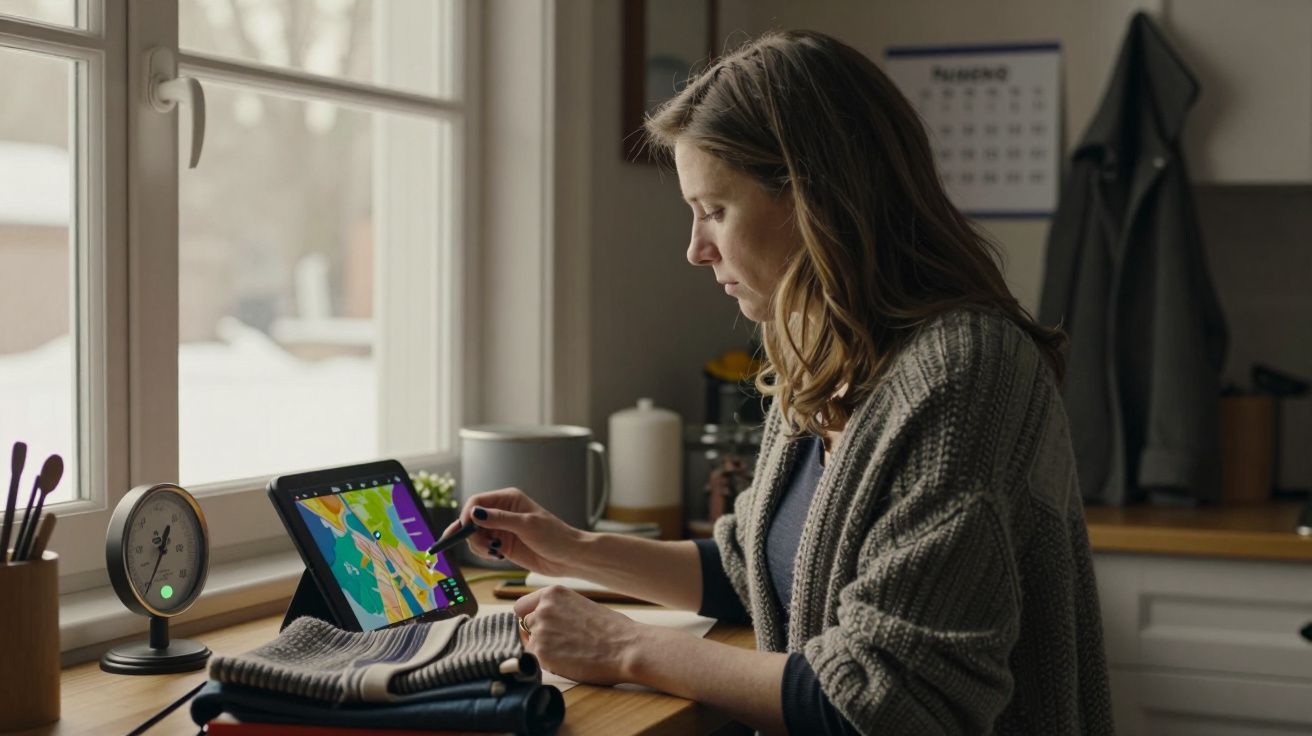 Mulher sentada à mesa, usando tablet com aplicação de mapa, junto a uma janela numa cozinha.