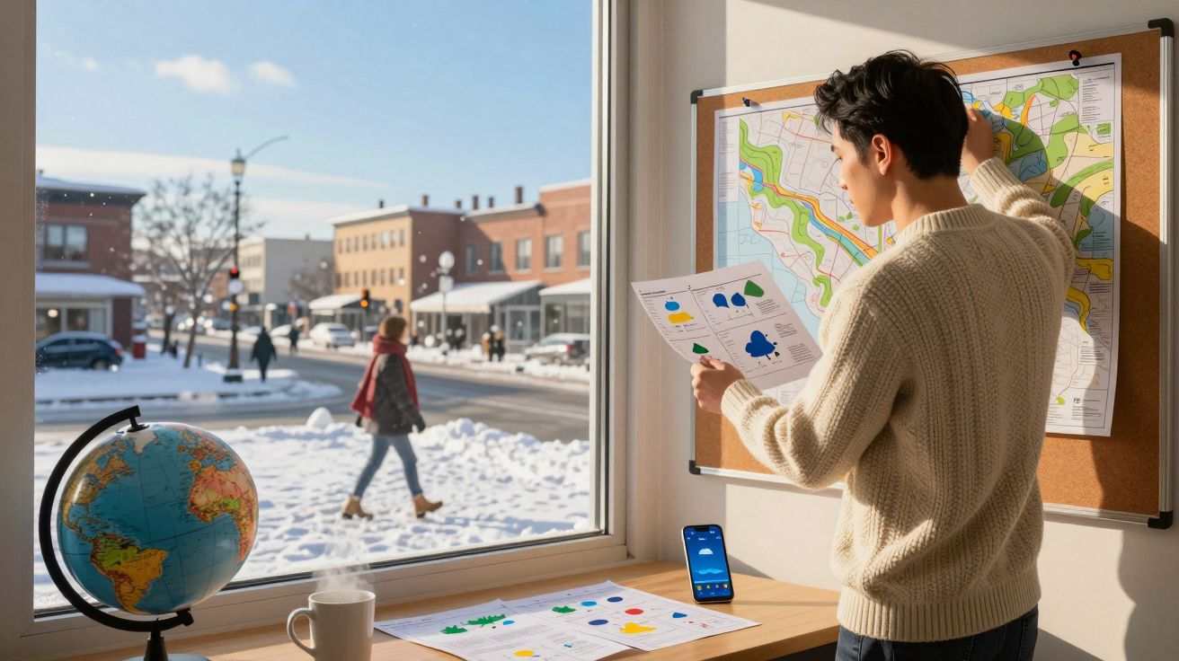 Homem consulta mapa numa sala com janela, vista de rua nevada, globo e documentos na mesa.