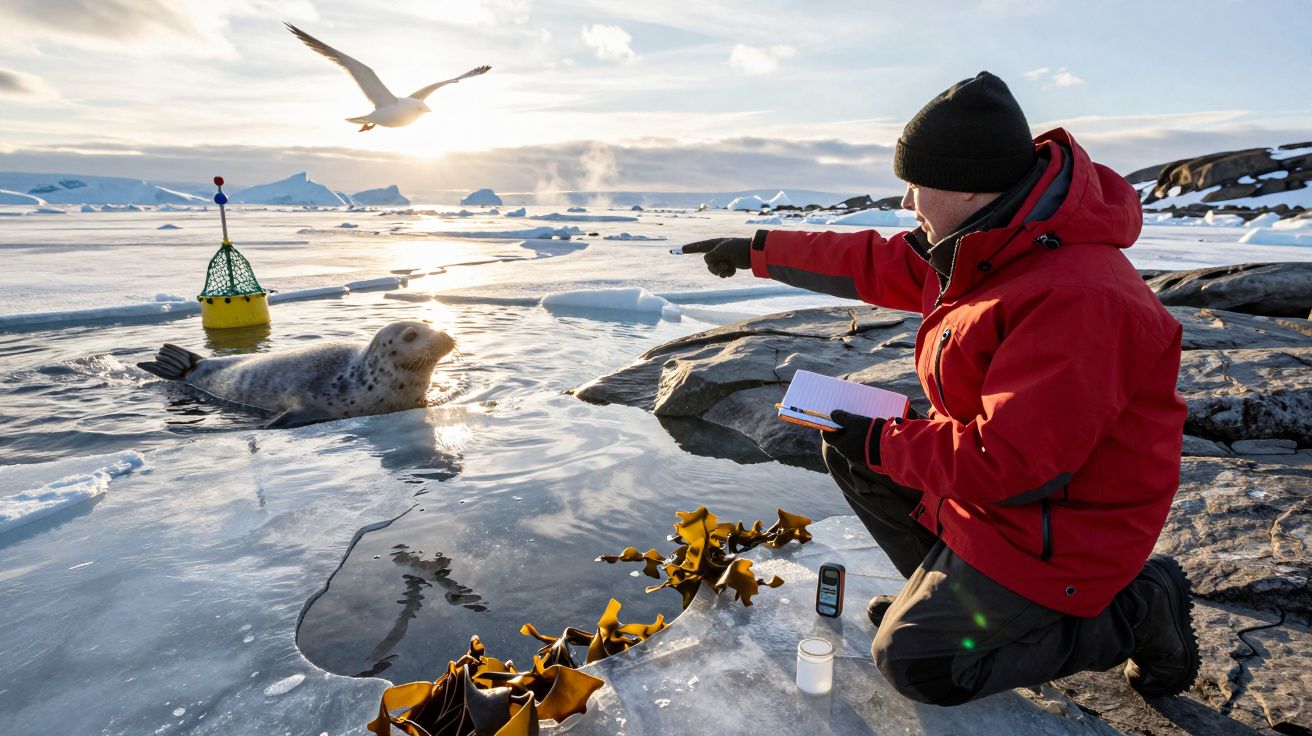 Cientista de casaco vermelho aponta para uma foca sobre gelo na Antártida, com anotações e instrumentos de medição.