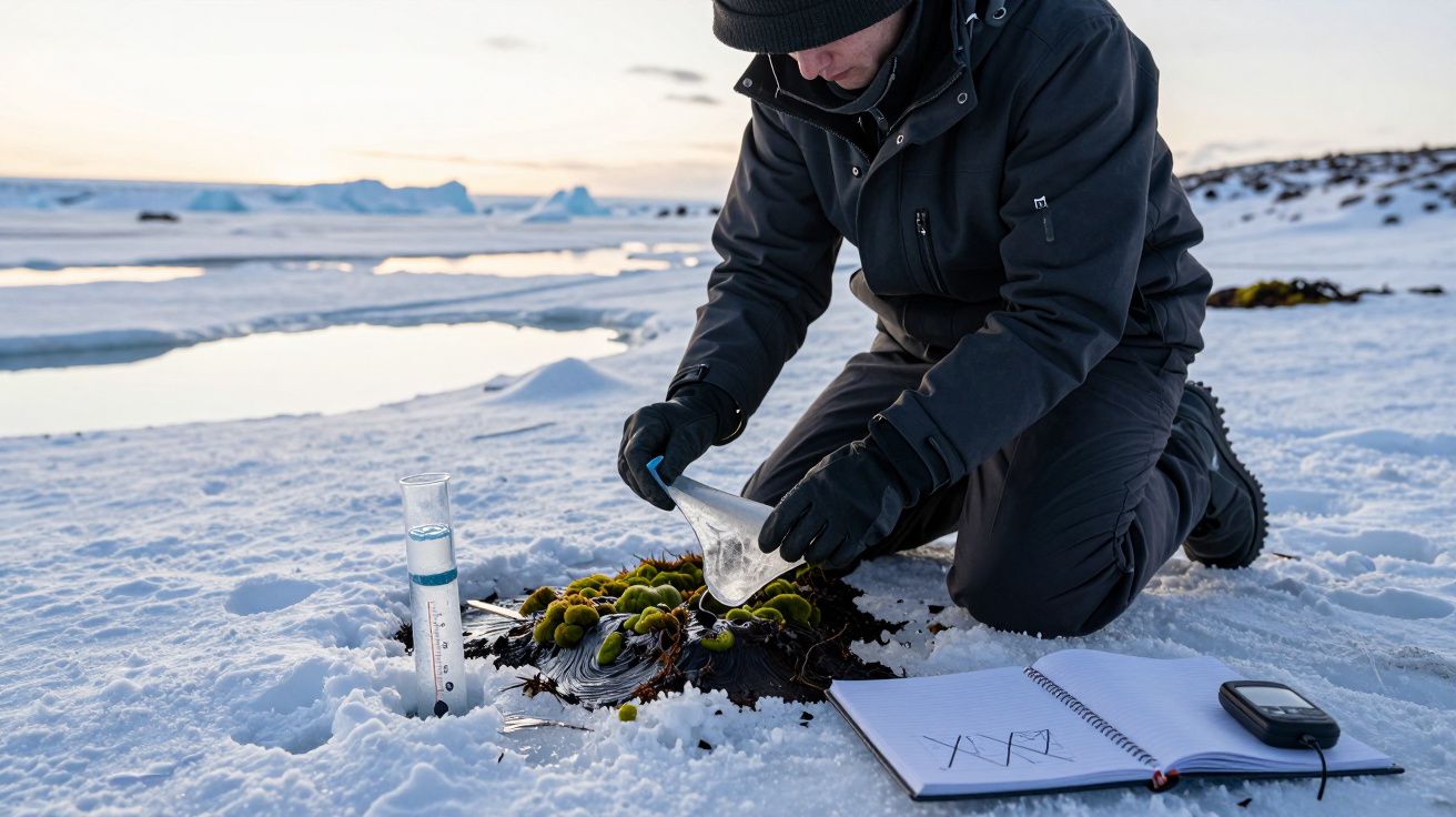 Investigadora em roupa de inverno recolhe amostra de líquenes na neve, com caderno, tubo de ensaio e telemóvel por perto.