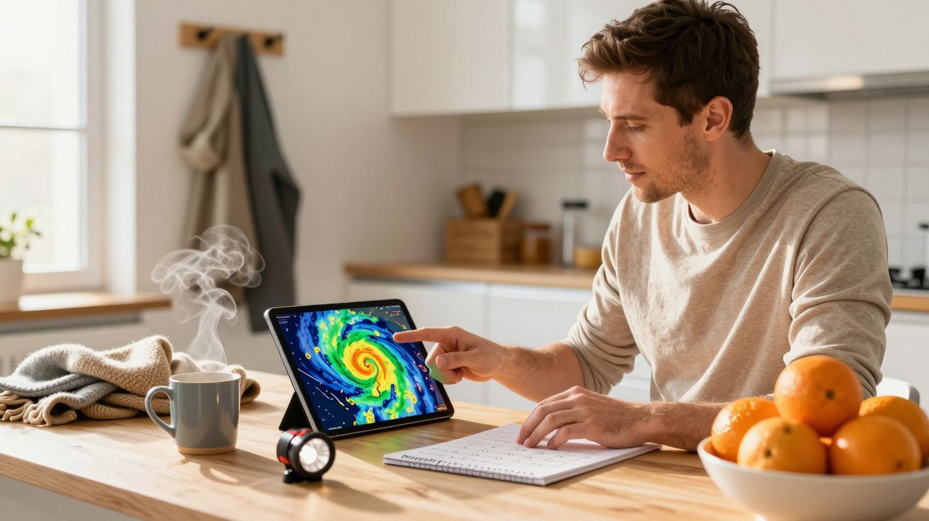 Homem a consultar mapa de furacão num tablet, sentado numa cozinha, ao lado de chávena fumegante e laranjas.