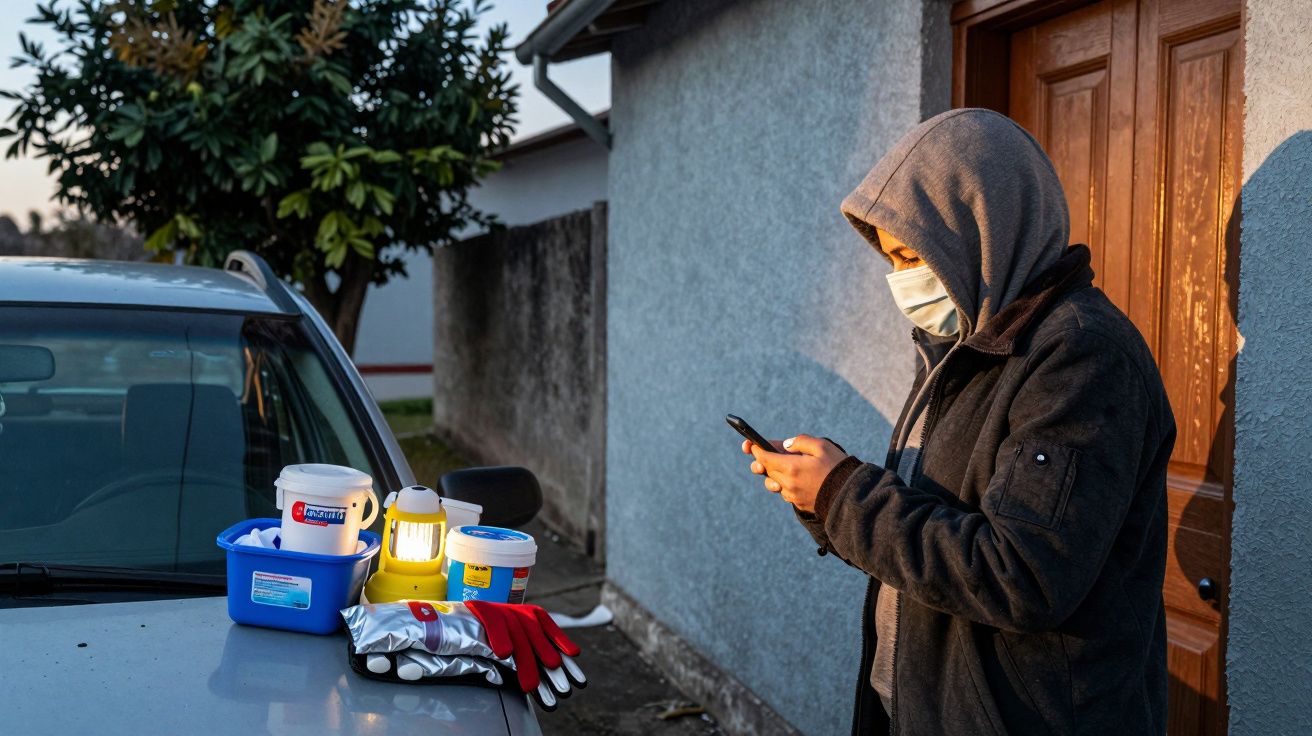 Pessoa com máscara e capuz usa telemóvel ao lado de carro com produtos de limpeza sobre o capô.