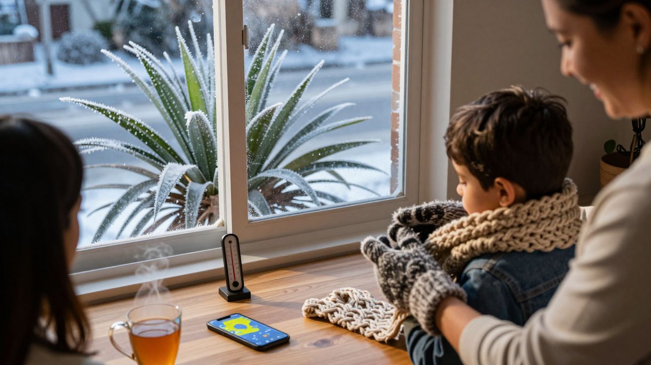 Mulher e criança vestem-se para o frio junto à janela com planta congelada, enquanto chá quente repousa na mesa.
