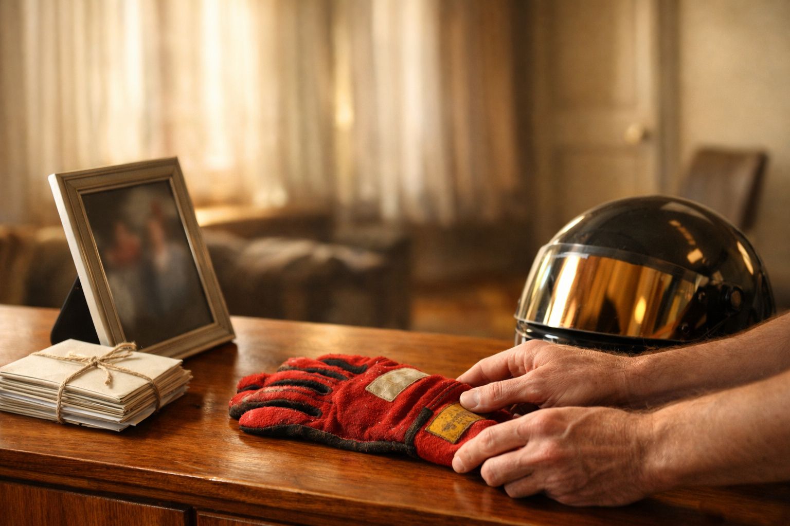 Mãos seguram uma caixa de madeira com canetas e fotografias, sobre uma mesa com um capacete e livros ao fundo.