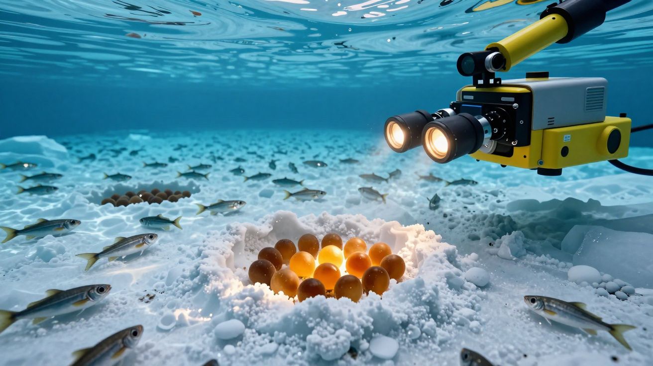 Robô subaquático ilumina ovos de peixe num ninho no fundo do oceano, rodeado por pequenos peixes.
