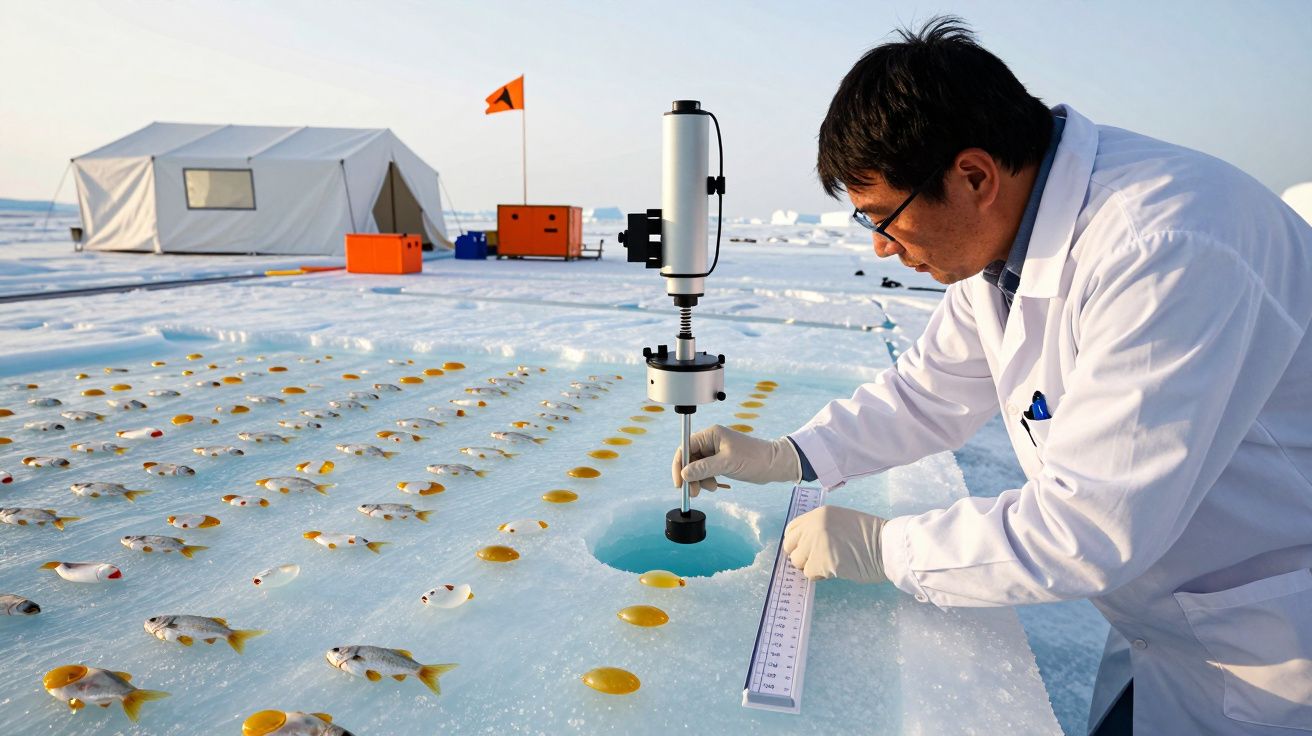Cientista em casaco branco examina peixes congelados no gelo ao lado de uma tenda e equipamento de investigação polar.