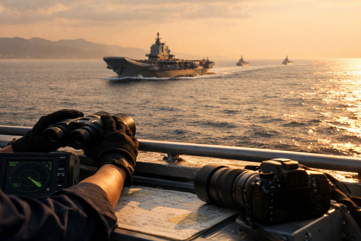 Oficial naval observa um porta-aviões com binóculos; mapa e rádio sobre a mesa em frente ao mar.