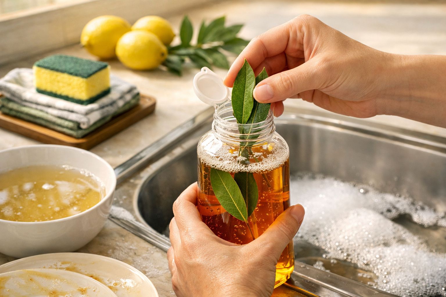 Pessoa adiciona folhas de louro a um frasco de vidro com líquido âmbar; ao fundo, pia com louça e limões.