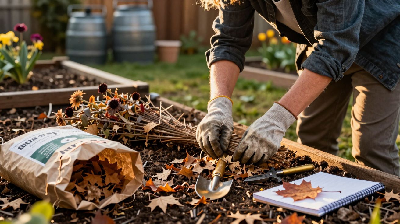 Pessoa jardinando, recolhendo folhas secas numa horta, com ferramentas, caderno e flores ao fundo.