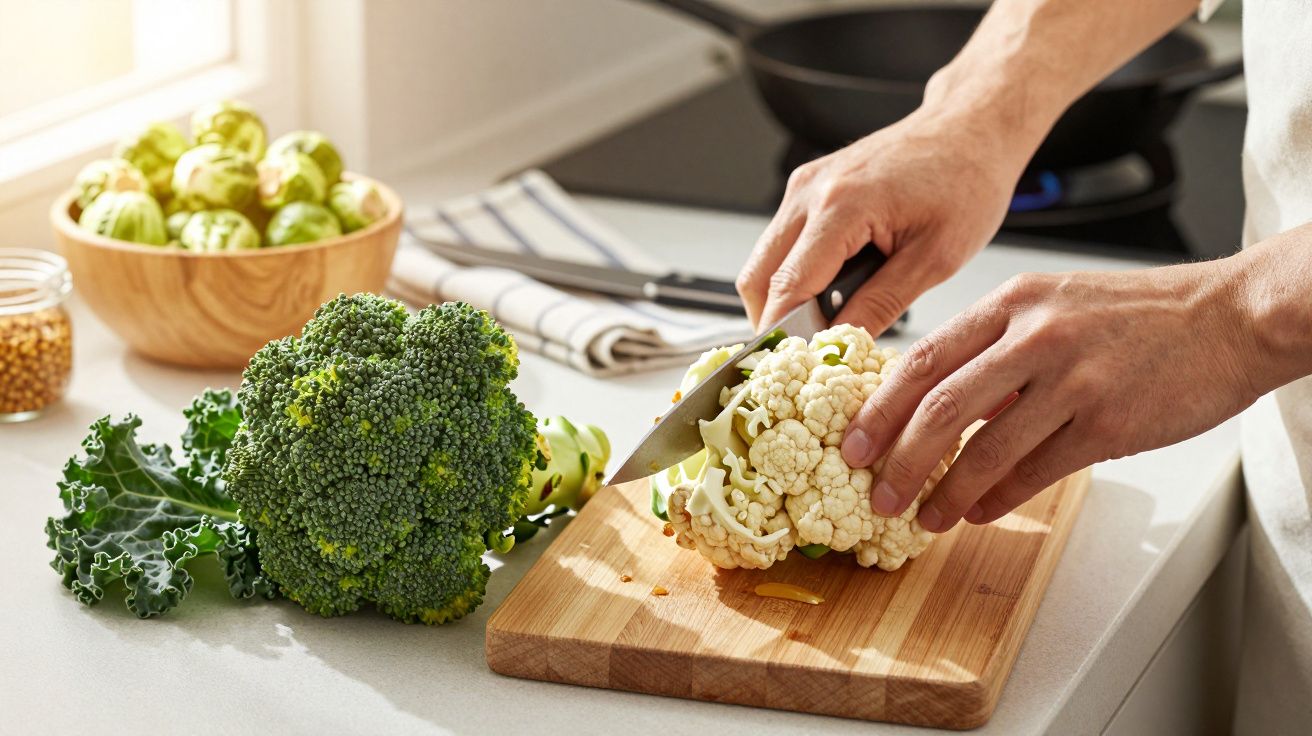 Pessoa a cortar couve-flor numa tábua de cozinha, com brócolos ao lado e legumes em segundo plano.