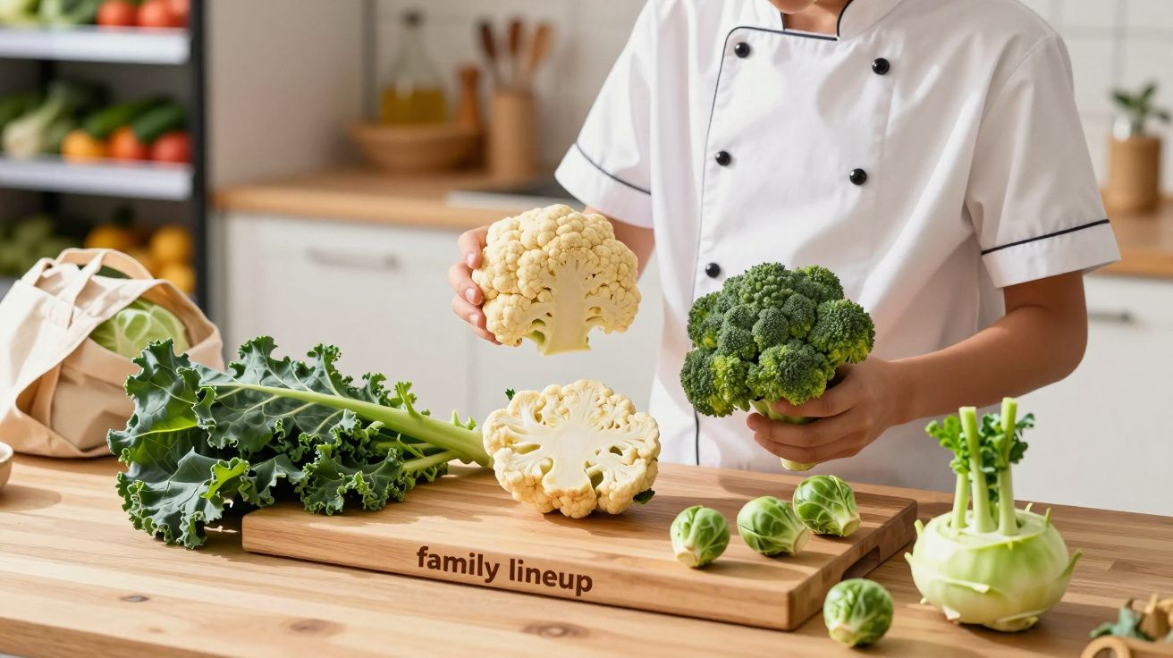 Pessoa em uniforme de chef segura couve-flor e brócolos numa cozinha, com vários vegetais sobre a bancada.