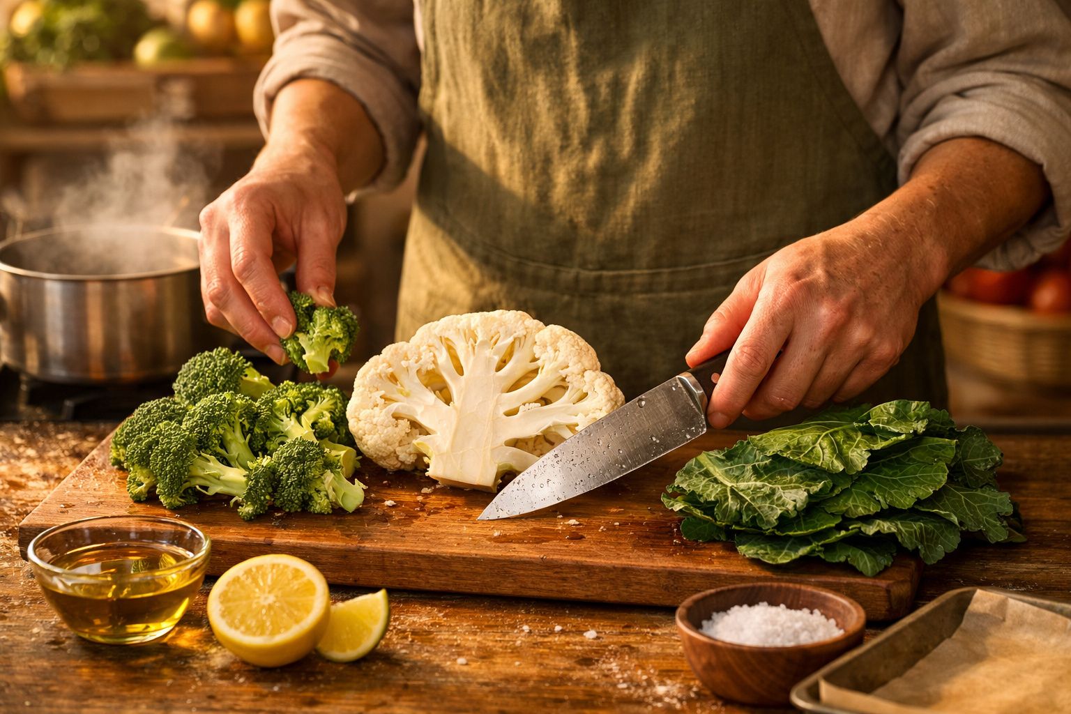 Pessoa corta brócolos numa tábua de madeira, ao lado de uma couve-flor e azeite numa cozinha iluminada.