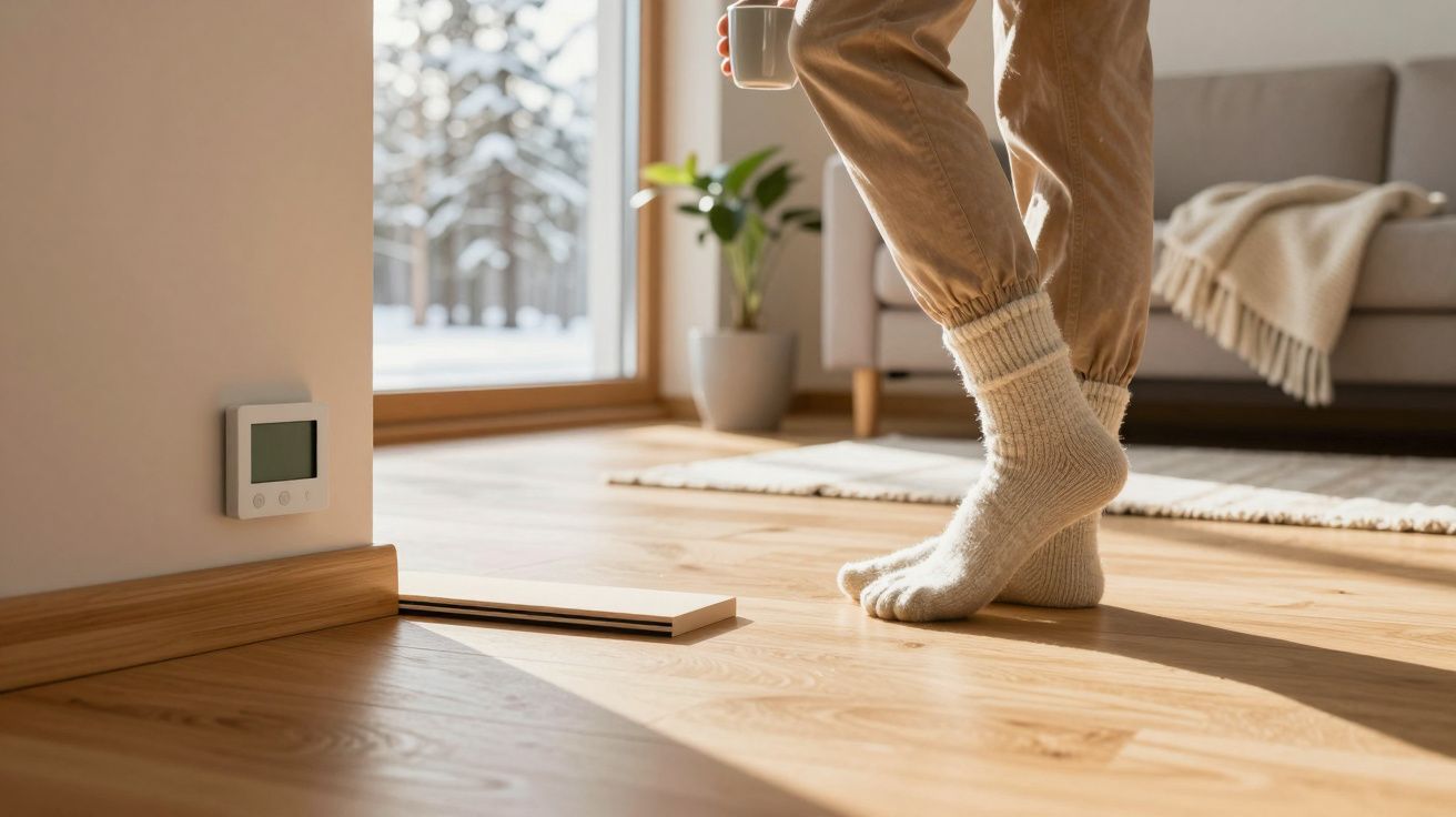 Pessoa em casa, usando meias grossas, segura uma caneca ao lado de um termostato na parede e uma janela com neve lá fora.