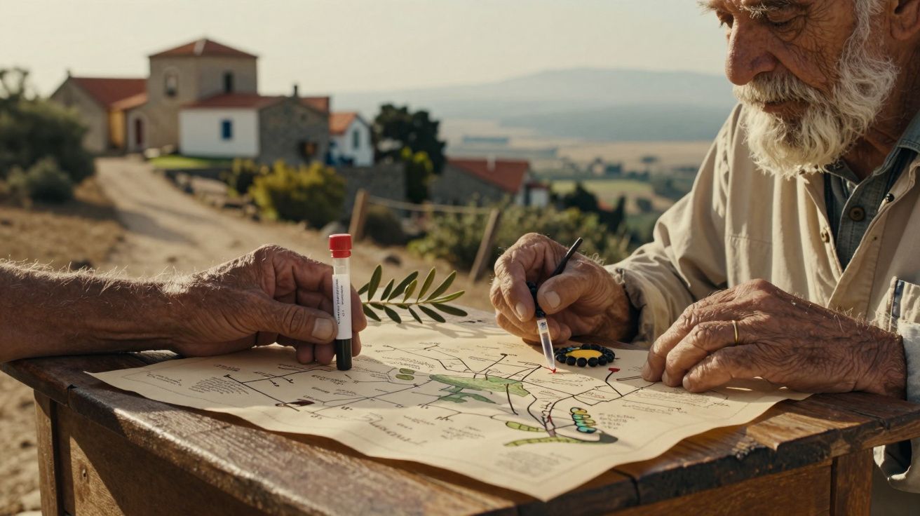Dois homens idosos analisam um mapa numa mesa de madeira ao ar livre, com uma aldeia ao fundo.
