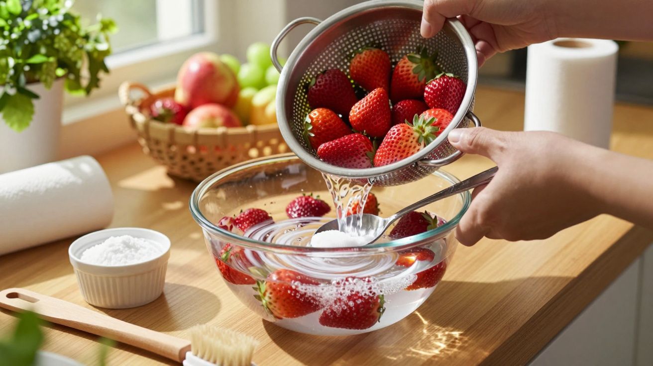 Mãos lavam morangos frescos numa tigela transparente com água, sobre um balcão de cozinha iluminado pelo sol.