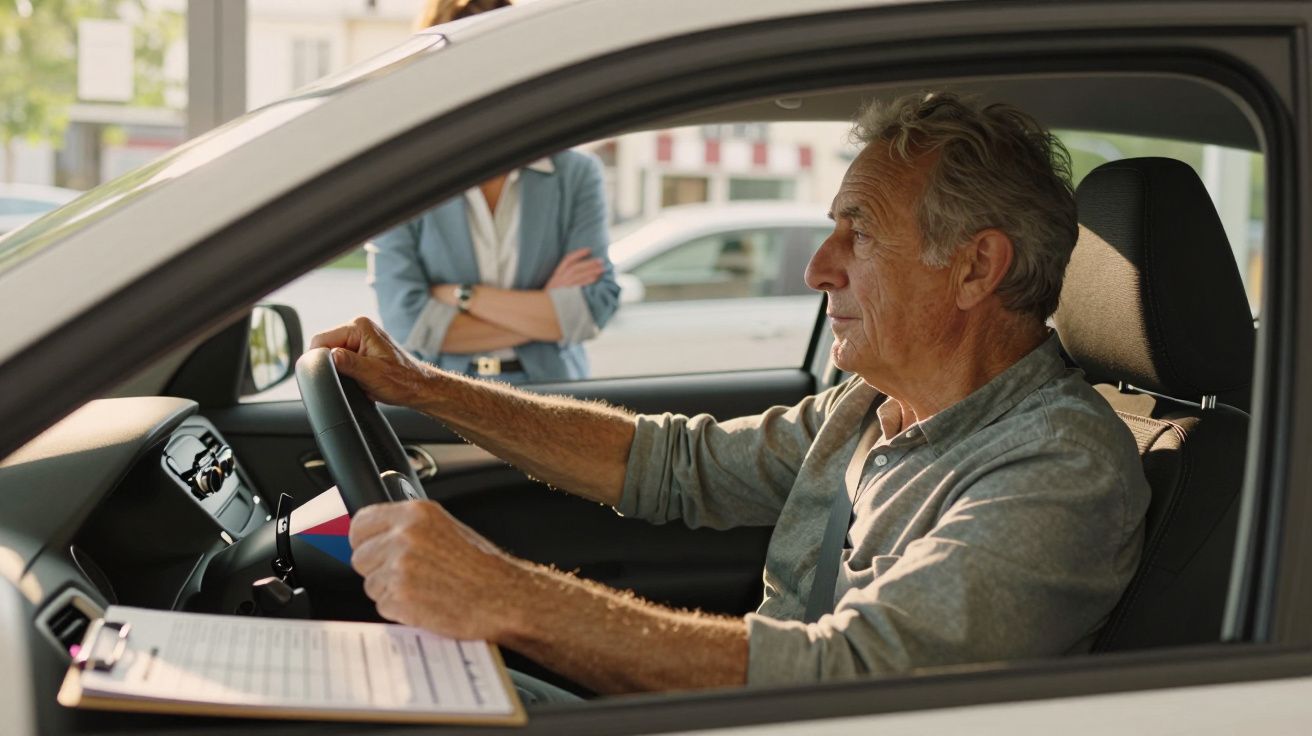 Homem idoso ao volante de um carro, com uma mulher em pé ao lado de fora, segurando uma prancheta.