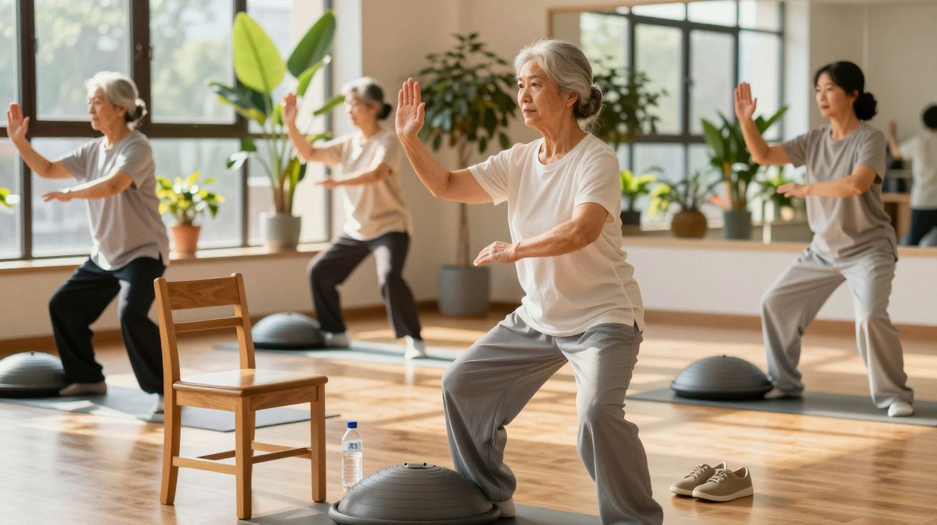 Grupo de mulheres idosas a praticar tai chi numa sala de ginástica bem iluminada, com plantas ao fundo.