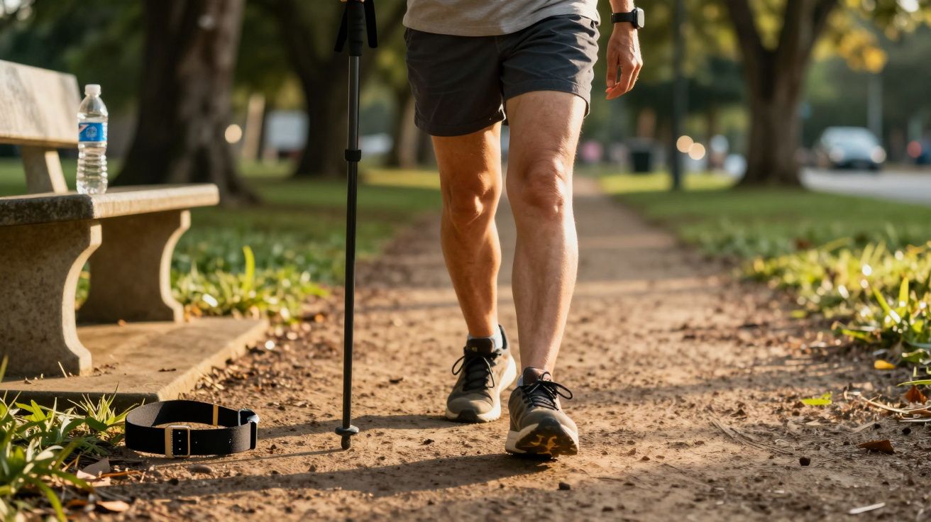 Pessoa a caminhar num trilho de terra, usando bengala. Banqueira e garrafa de água ao fundo, ambiente de parque.