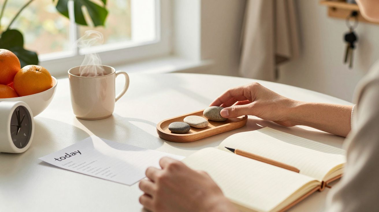 Mão segurando pedras decorativas, com chávenas, laranja, relógio e caderno sobre a mesa junto a uma janela.