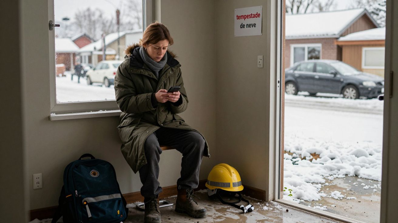 Pessoa sentada em interior nevado, usando casaco e usando o telemóvel. Mochila e capacete amarelo no chão.