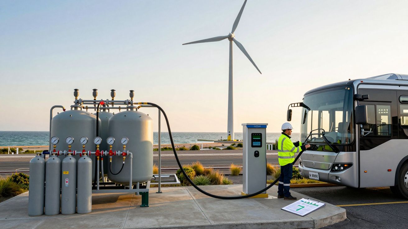 Homem abastece autocarro a hidrogénio perto de uma turbina eólica junto ao mar.