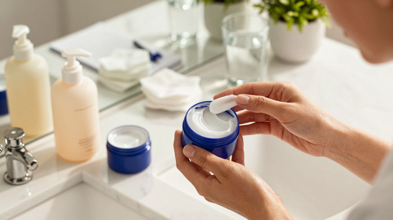 Mãos seguram um pote de creme aberto no banheiro, com produtos e toalhas ao fundo.