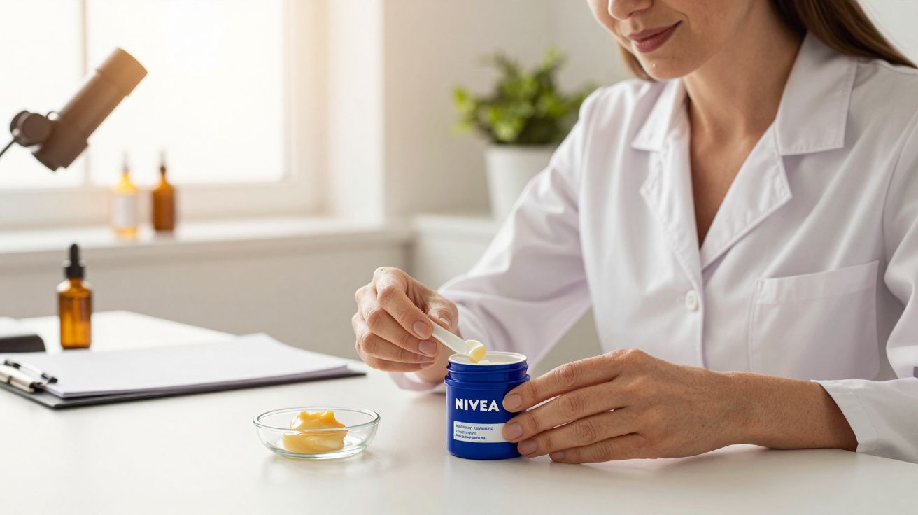 Mulher de bata branca aplica creme Nivea com espátula, sob luz natural num espaço de trabalho.