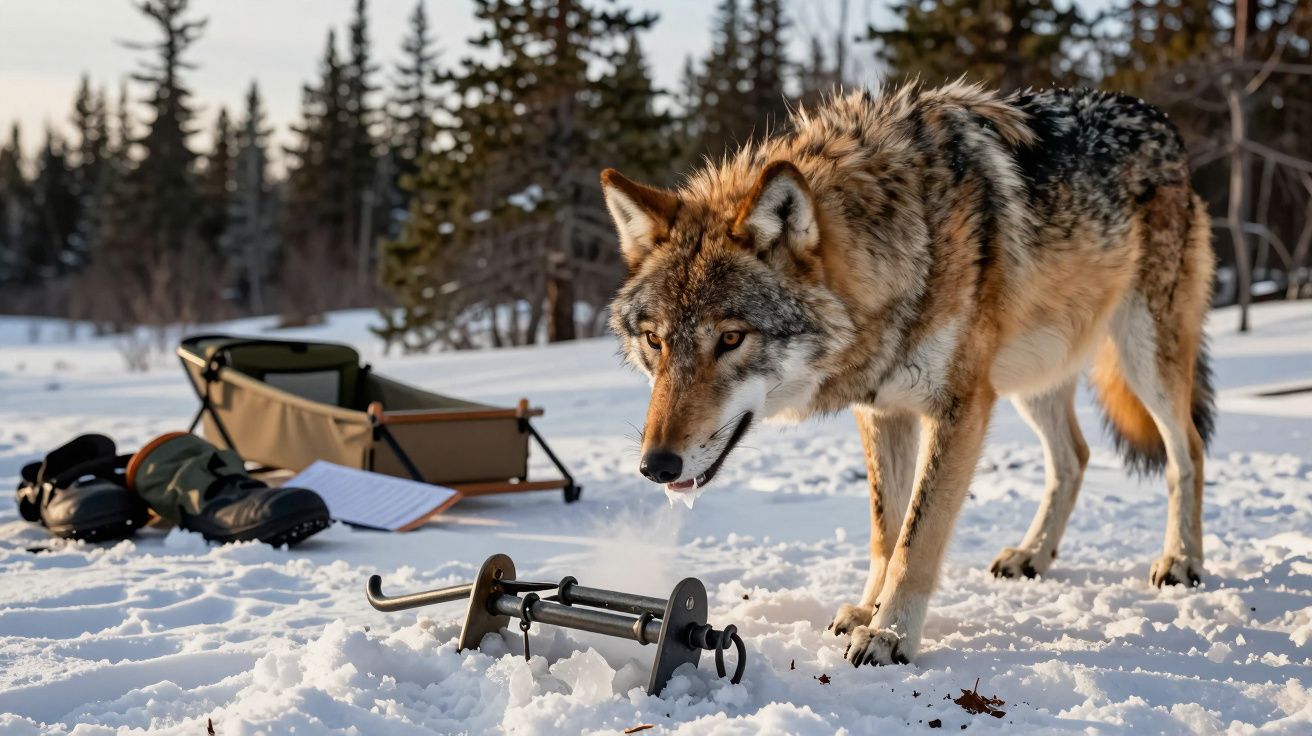 Lobo em pé na neve, investigando uma armadilha metálica, com equipamento ao fundo e floresta ao amanhecer.