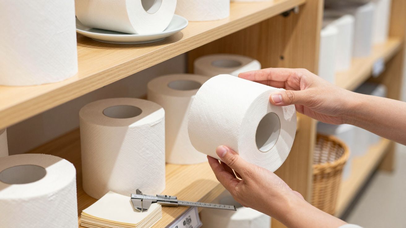 Pessoa a segurar um rolo de papel higiénico numa loja, com outros rolos expostos na prateleira em madeira.