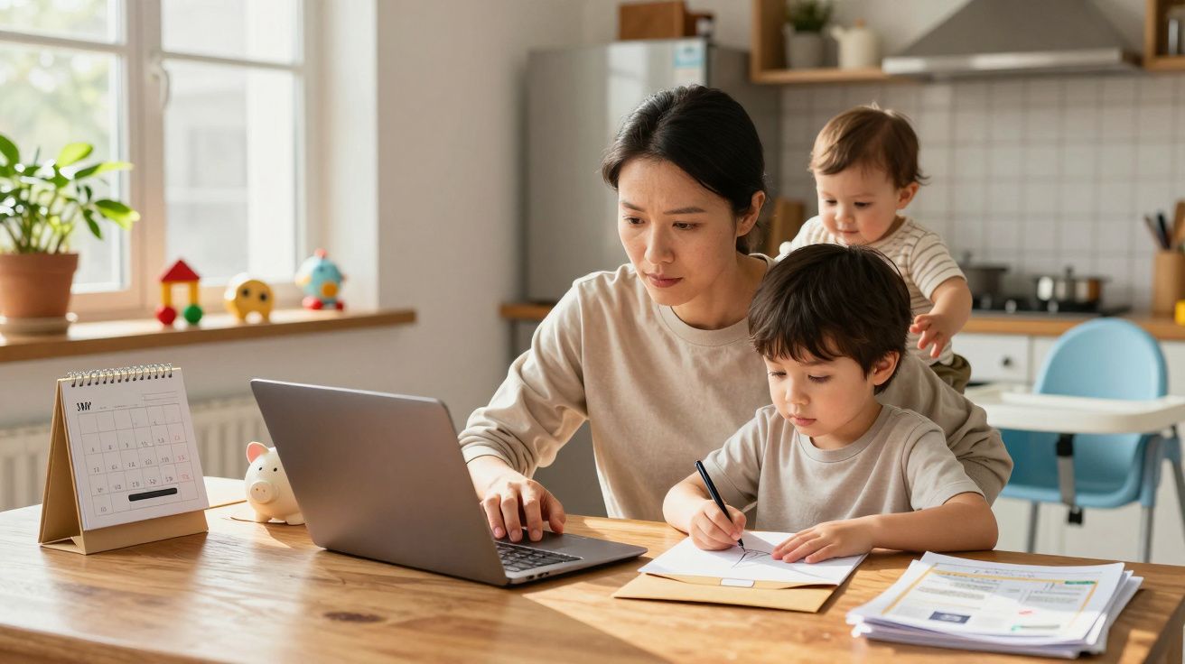 Mulher trabalha no portátil enquanto cuida de duas crianças na cozinha, uma ao colo e outra a desenhar ao seu lado.