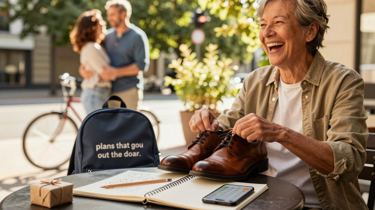 Mulher idosa feliz segura sapatos numa mesa de café ao ar livre. Casal abraçado e bicicleta ao fundo.