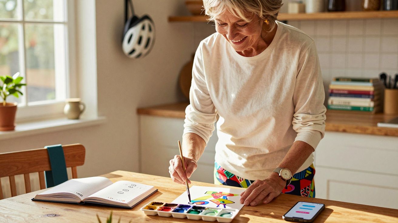 Senhora sorridente pintando com aguarelas numa mesa, telemóvel e caderno ao lado, numa cozinha bem iluminada.