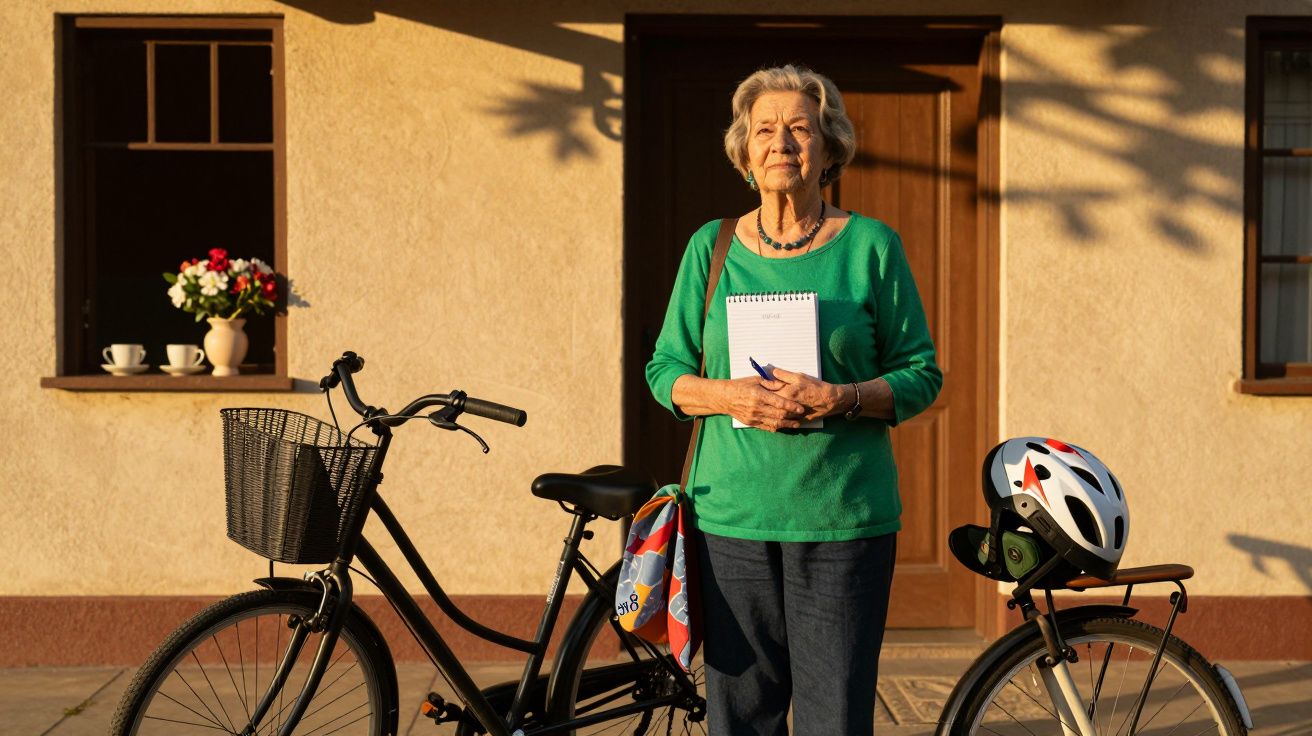 Mulher idosa de pé, segurando um bloco de notas, ao lado de uma bicicleta com capacete, frente a uma casa.