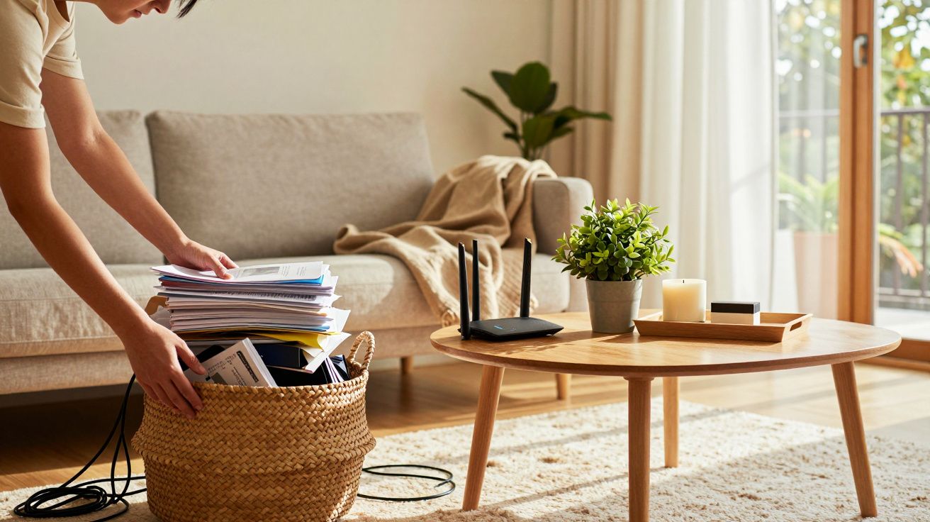 Pessoa arruma papéis num cesto ao lado de um sofá, numa sala de estar com mesa de centro e planta.