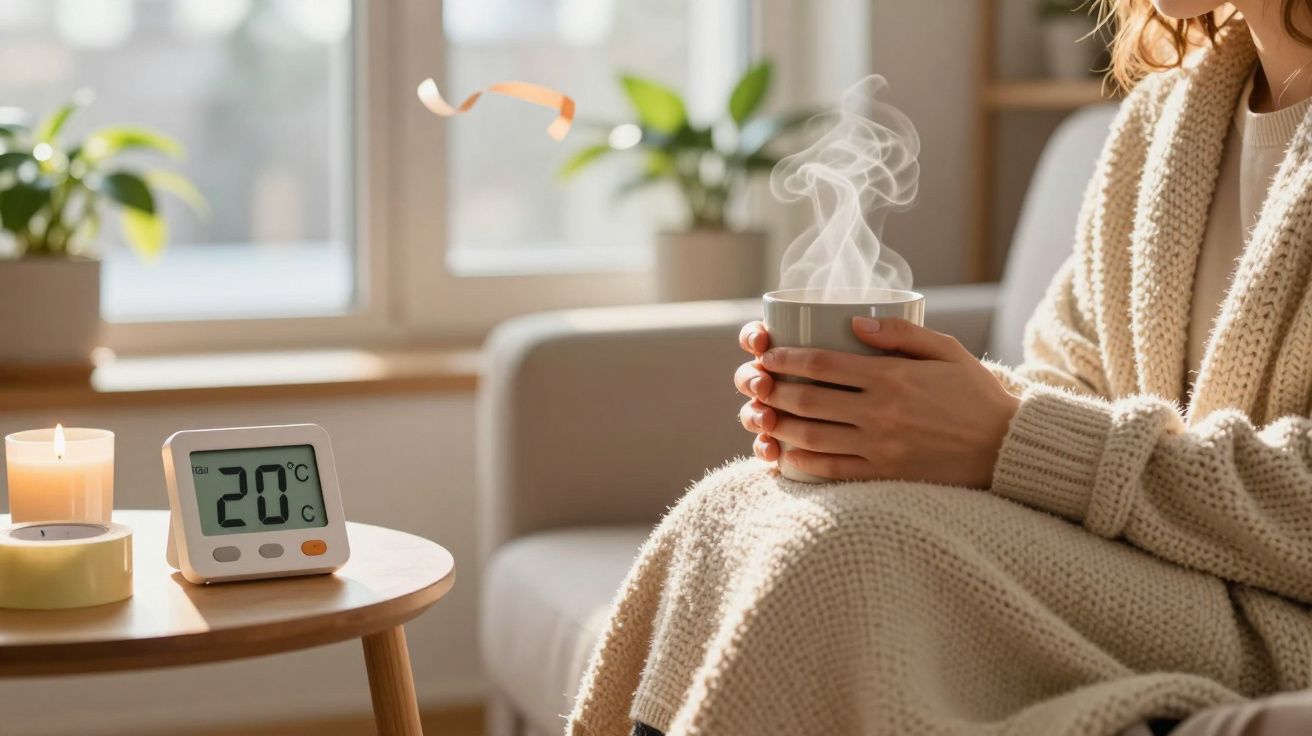 Pessoa com chá quente, enrolada num cobertor, junto a uma mesa com vela acesa e termómetro mostrando 20°C.
