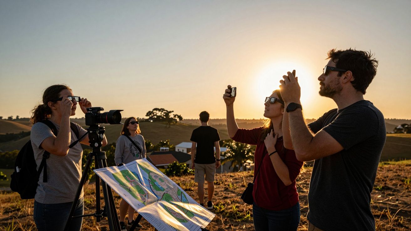 Grupo observando um eclipse solar ao pôr-do-sol com óculos de proteção, mapa e câmara.