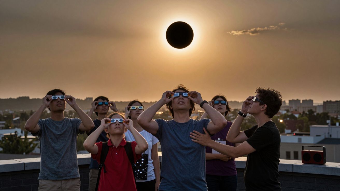 Grupo de pessoas observa eclipse solar com óculos especiais num telhado ao entardecer.
