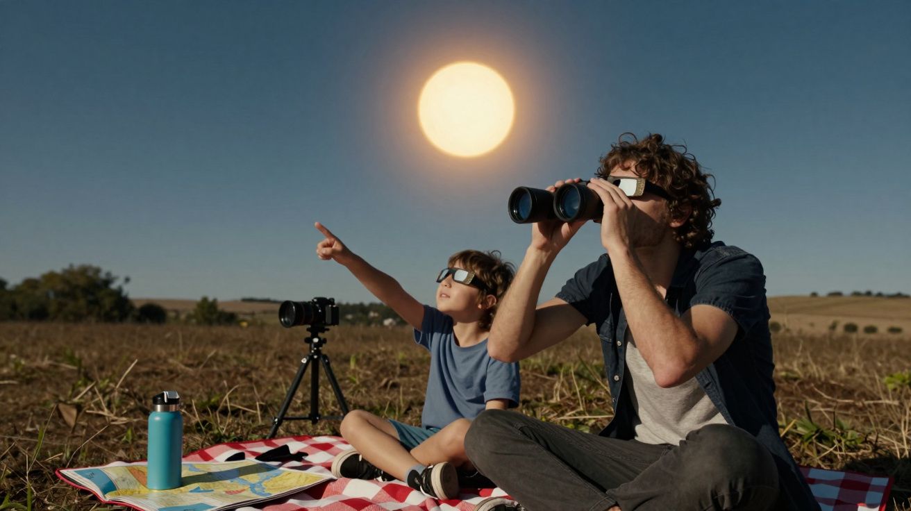 Pai e filho observam o sol com óculos especiais, sentados num campo com binóculos e mapa sobre manta xadrez.