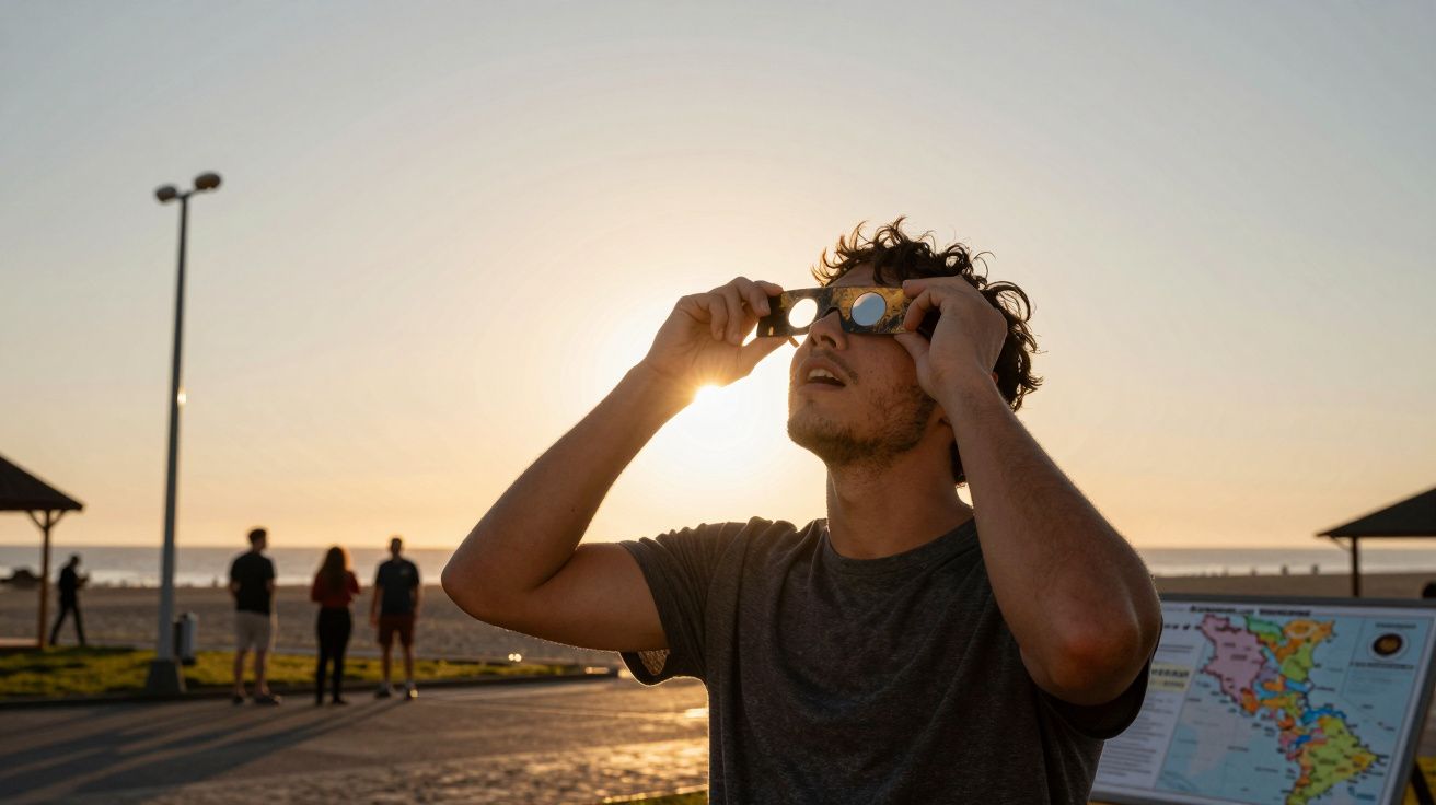 Homem observa o céu ao entardecer com binóculos, numa praia, enquanto o sol se põe. Algumas pessoas ao fundo.