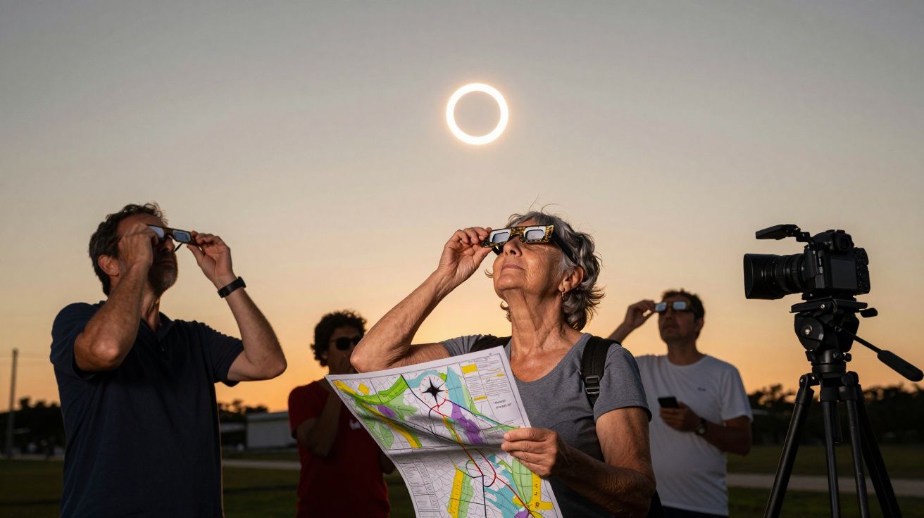 Pessoas observam um eclipse anular do Sol, segurando mapas e usando óculos de proteção, ao lado de uma câmera, ao anoitecer.