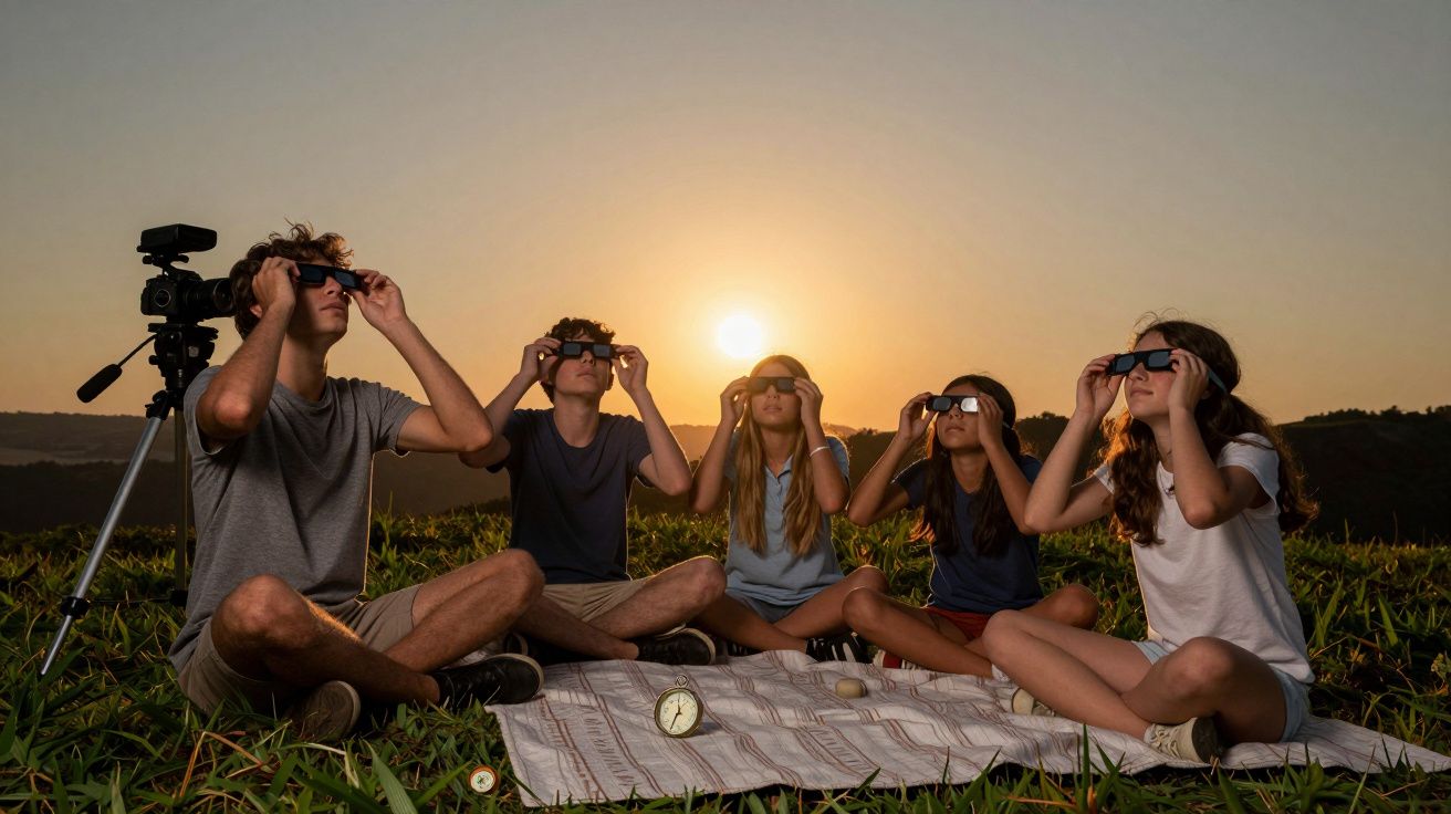 Grupo de jovens observa o sol com óculos especiais, sentados num campo ao pôr do sol, com uma câmara ao lado.