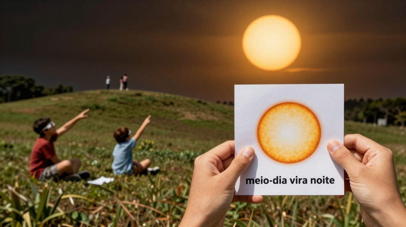 Mãos seguram imagem de sol sobre campo verde, criando ilusão de sol intenso. Texto no papel: "meio-dia vira noite".